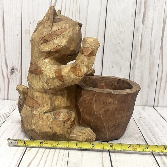 Boho Hand Carved Primitive Wooden Cat Planter or Utensil Holder Rustic Folk Art - Picture 11 of 13